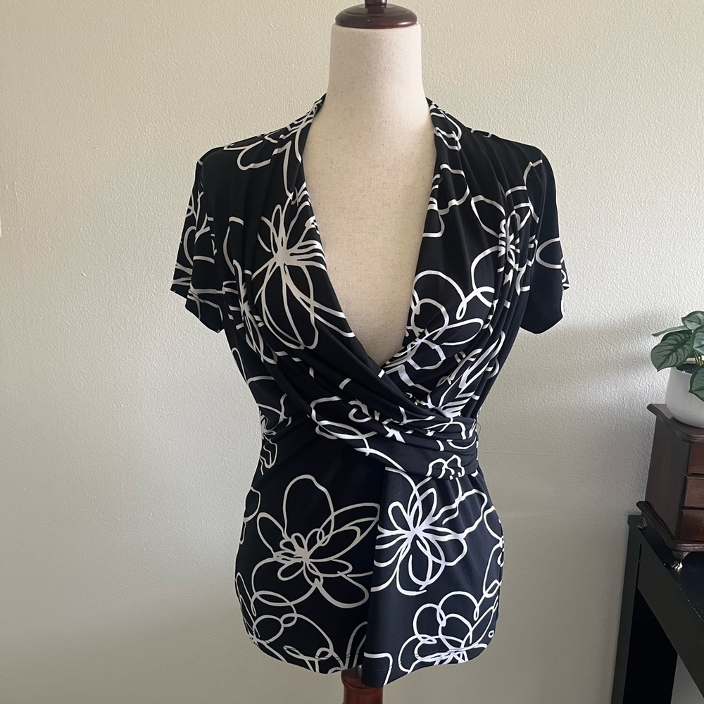 DKNY B&W Floral Wrap Blouse